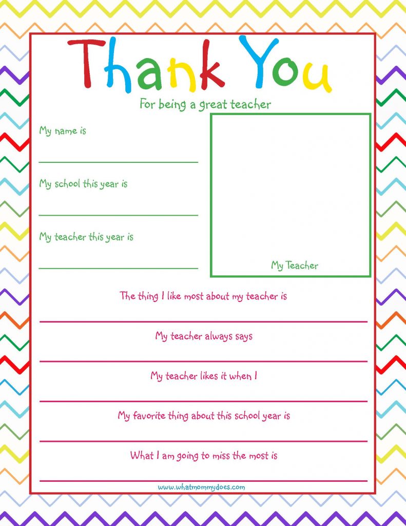 Free Printable Teacher Thank you Note What Mommy Does